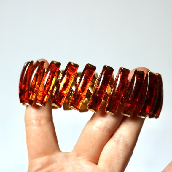Vintage Faux Amber Expandable Stretch Bracelet Gold Tone Metal Fall - Picture 2 of 6